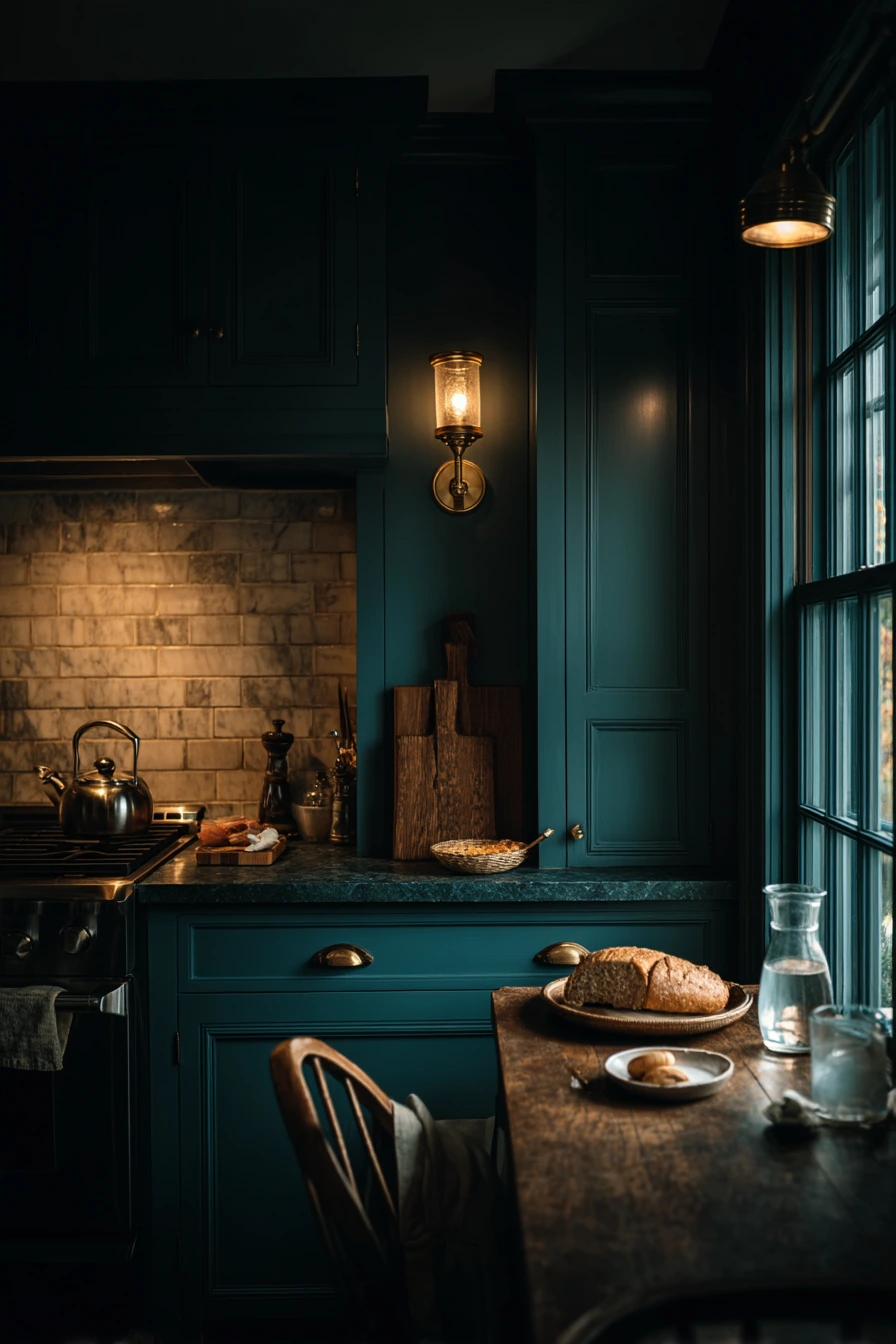 Moody Teal Kitchen at Dusk