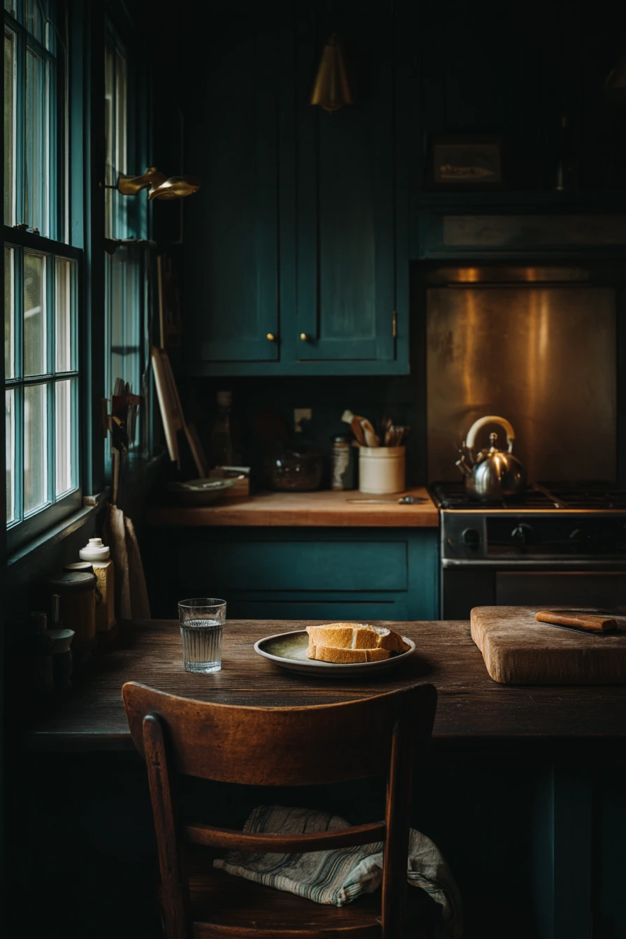 Moody Teal Kitchen at Dusk