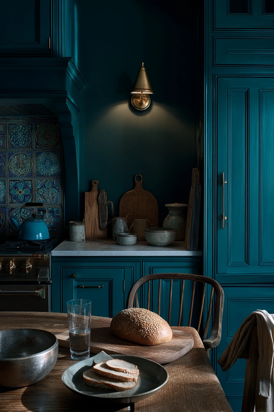 Moody Teal Kitchen at Dusk
