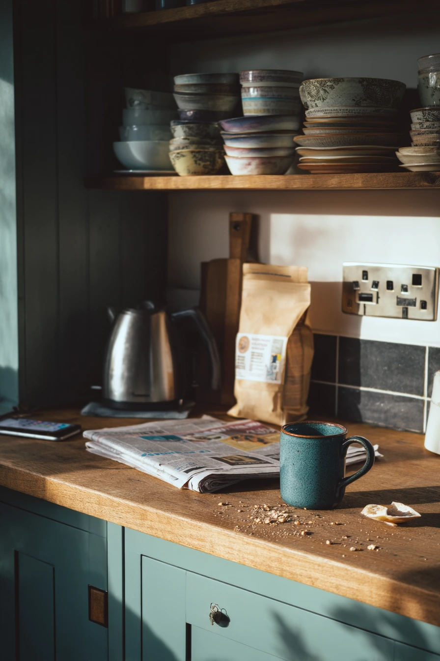 Teal and Wood Kitchen With Morning Rituals