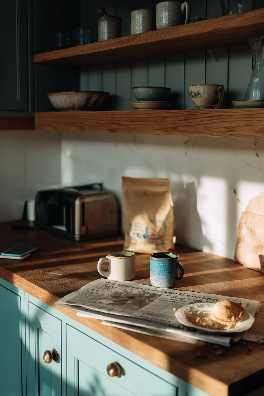 Teal and Wood Kitchen With Morning Rituals