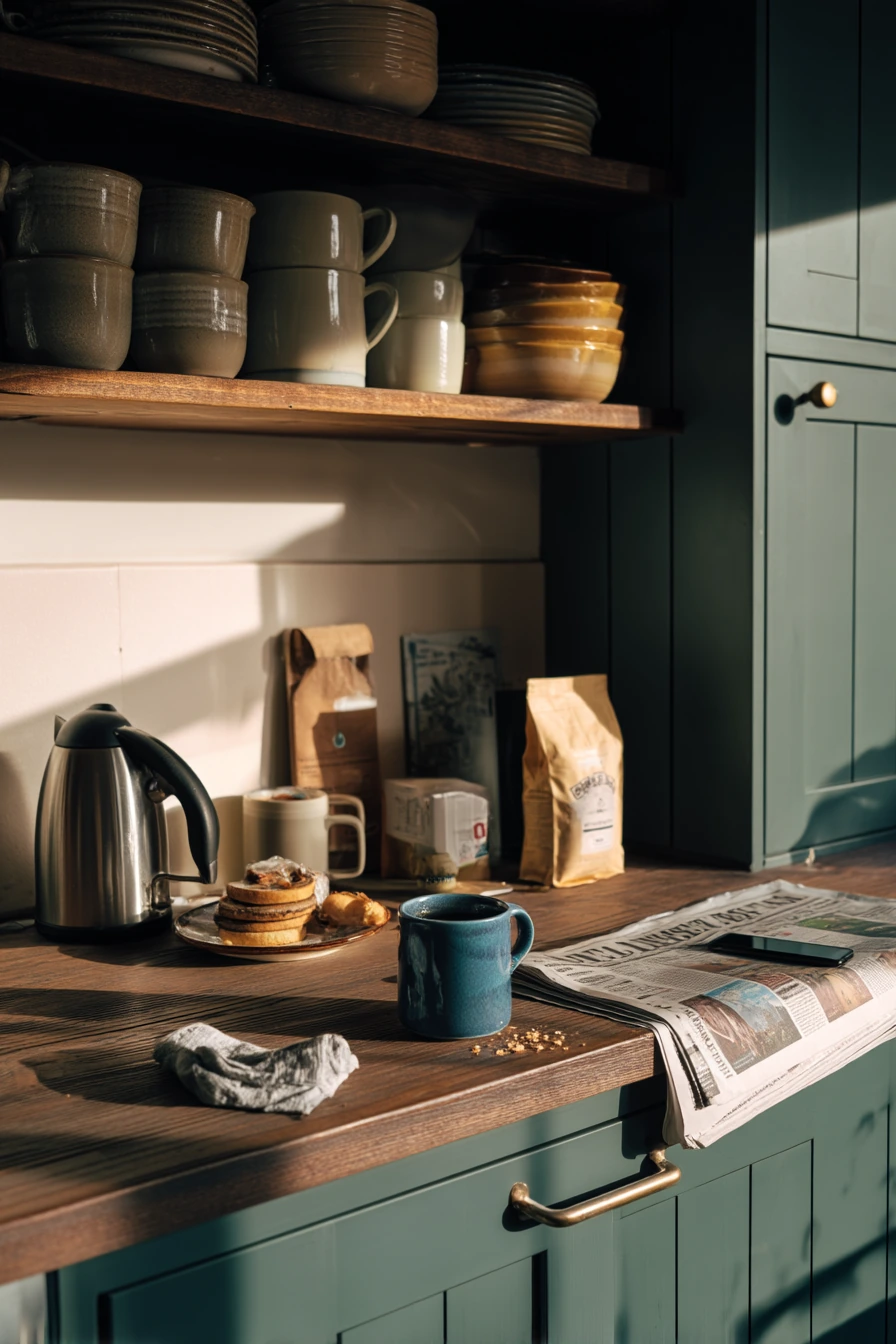 Teal and Wood Kitchen With Morning Rituals