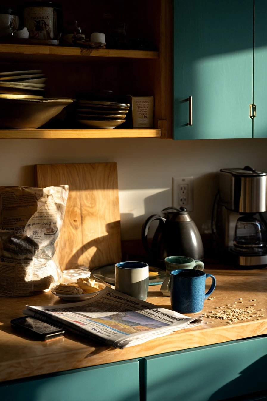 Teal and Wood Kitchen With Morning Rituals
