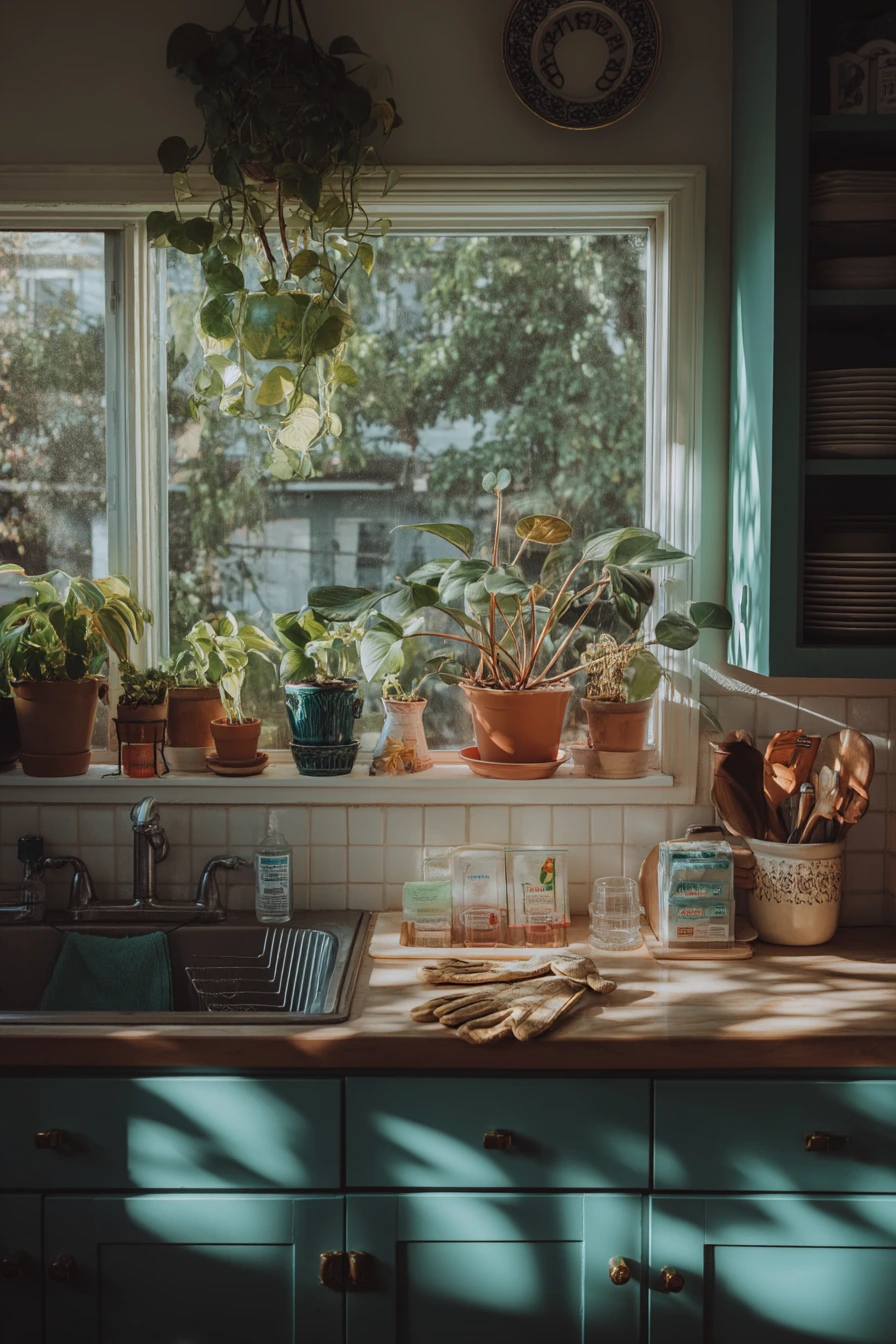 Teal Kitchen Decor With Indoor Plants