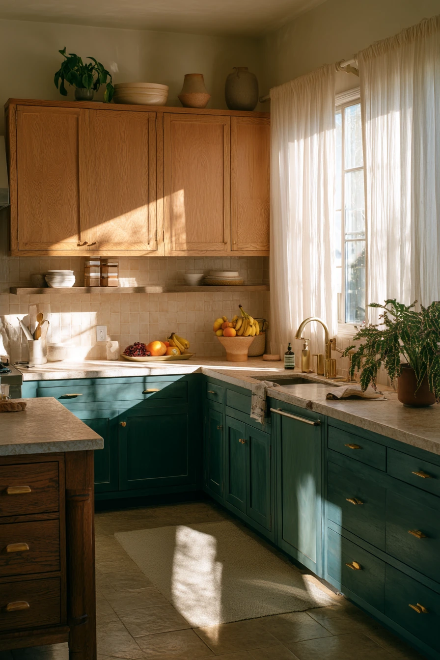 Bright Family Kitchen With Teal Cabinet Accents