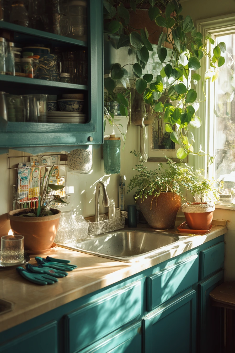 Teal Kitchen Decor With Indoor Plants