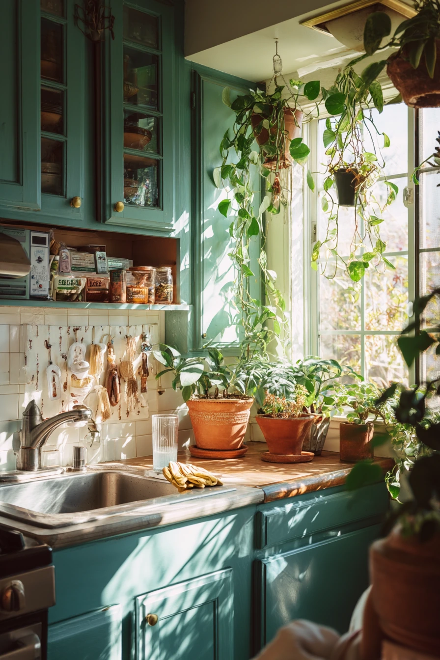 Teal Kitchen Decor With Indoor Plants