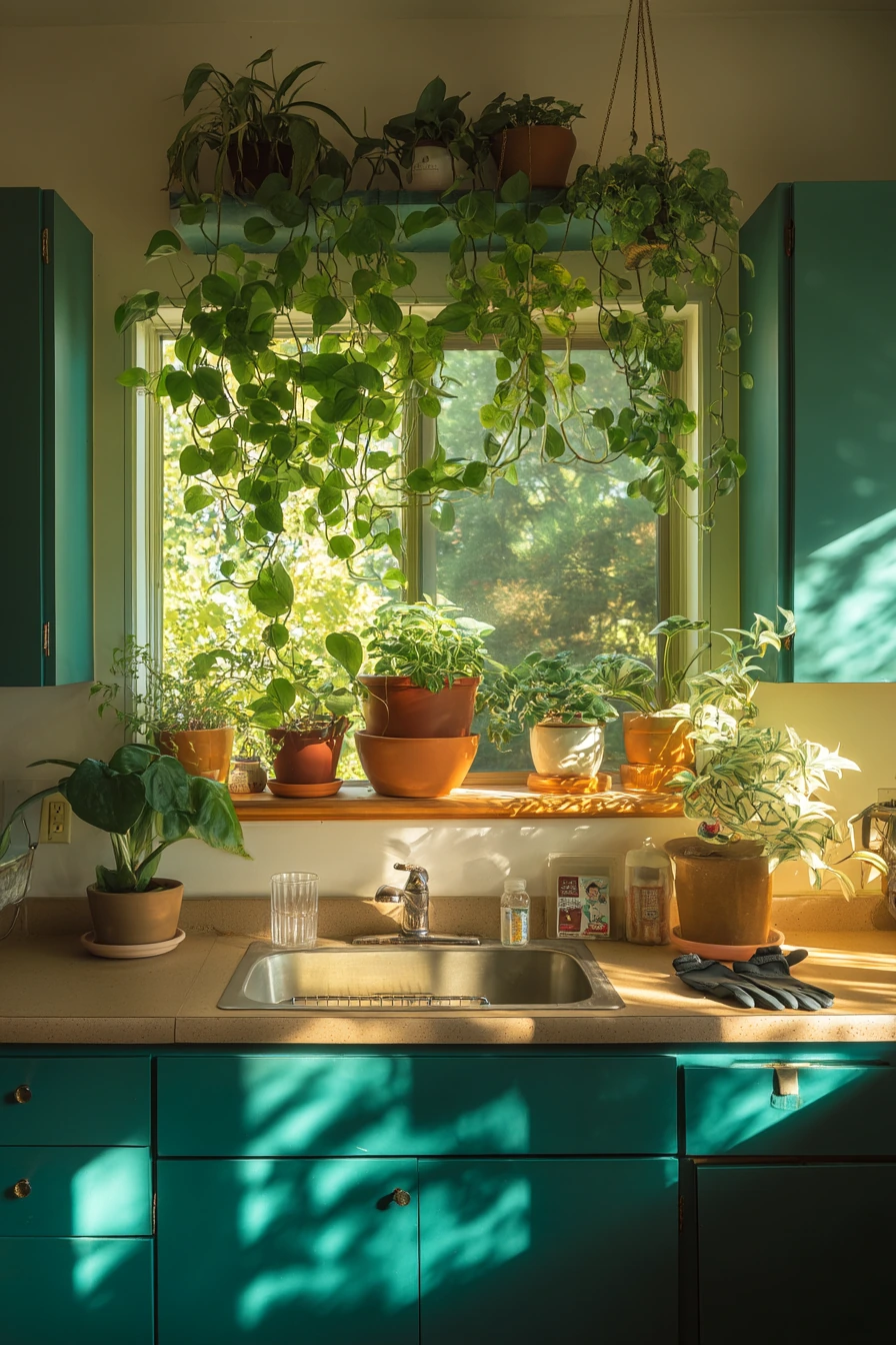 Teal Kitchen Decor With Indoor Plants