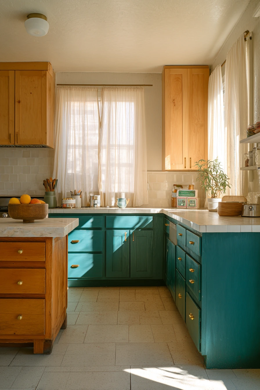 Bright Family Kitchen With Teal Cabinet Accents