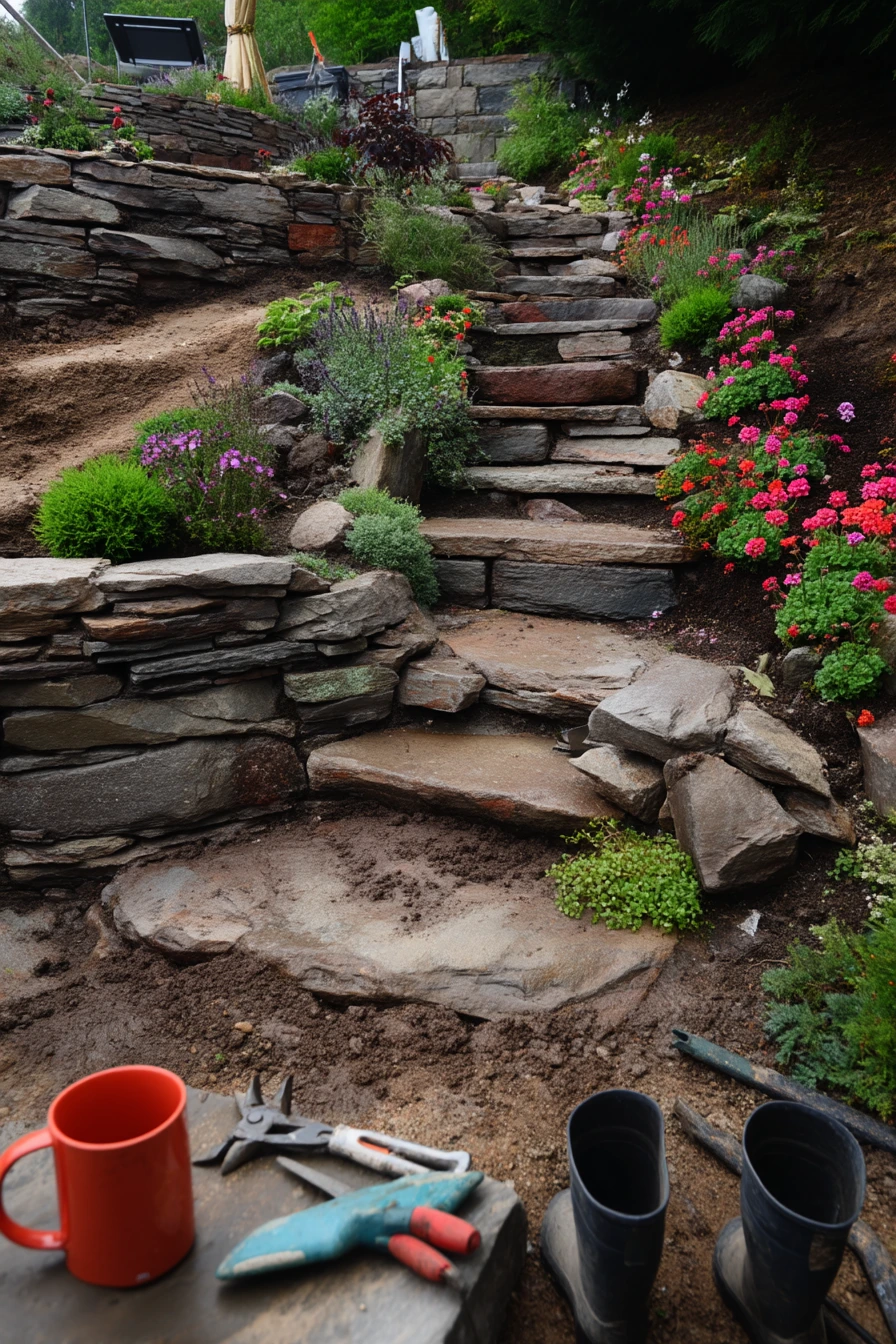 DIY Slope Garden with Stone Steps and Herbs