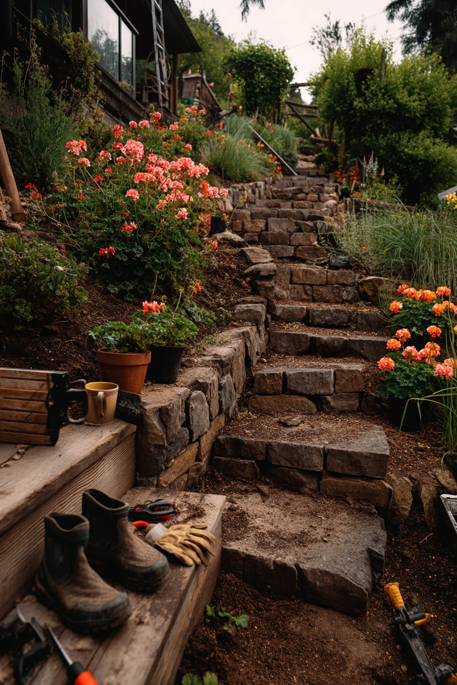DIY Slope Garden with Stone Steps and Herbs