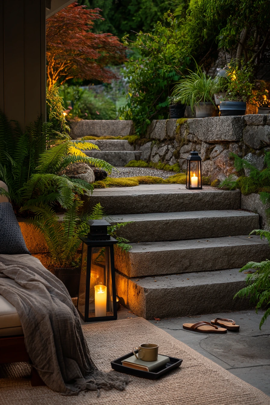 Evening Glow on a Tiered Zen Patio