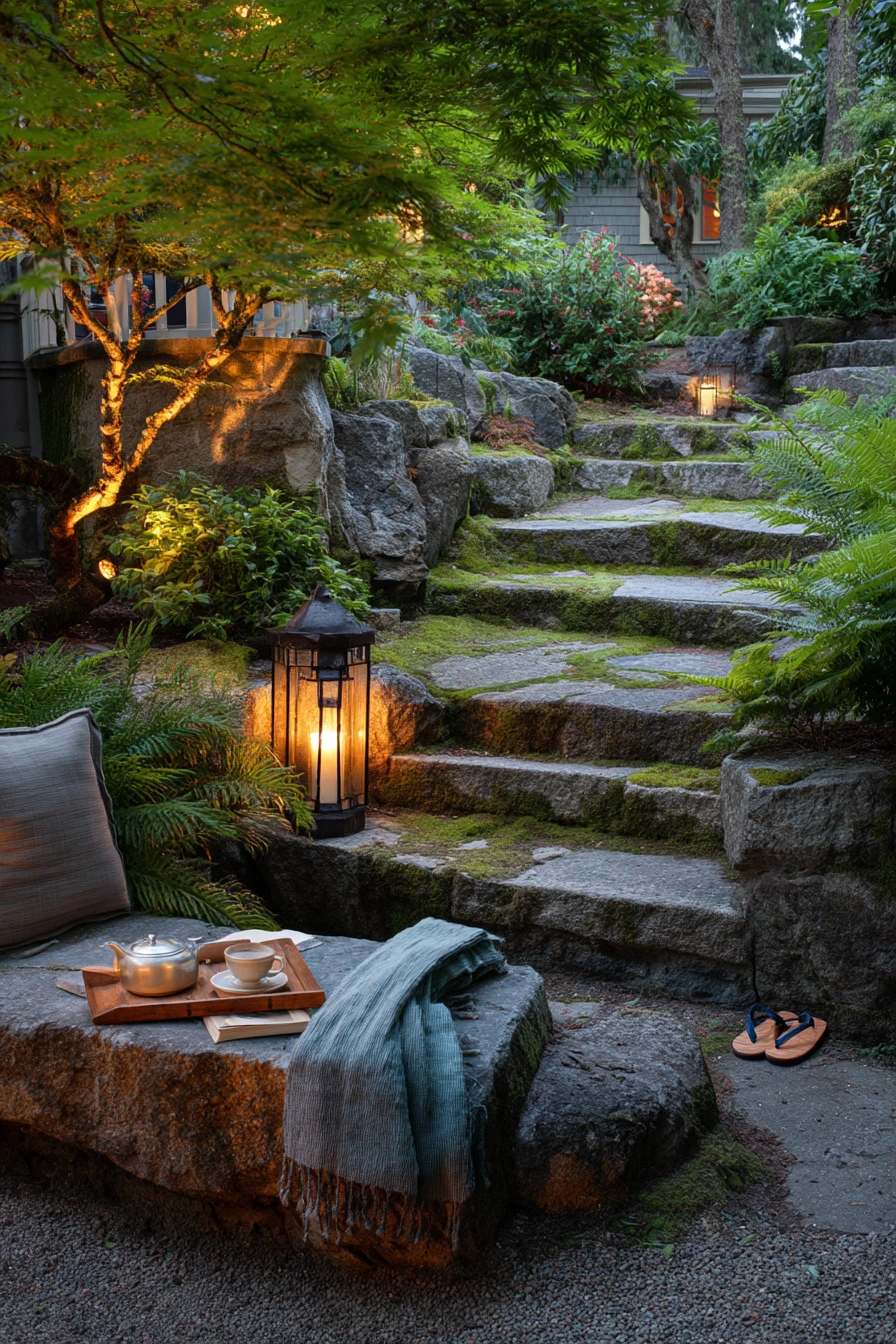 Evening Glow on a Tiered Zen Patio