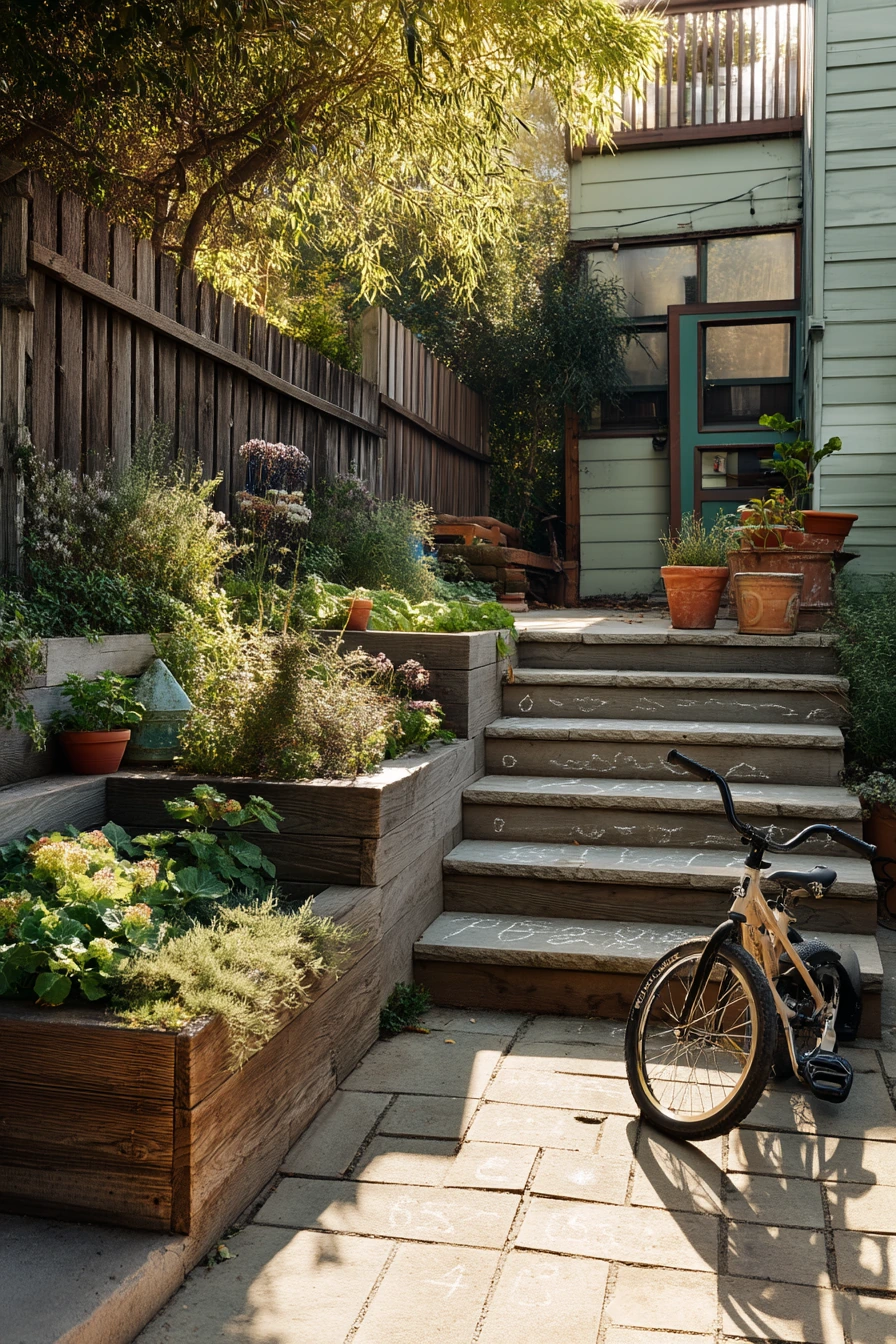 Small Backyard Tiered Beds for a Busy Family