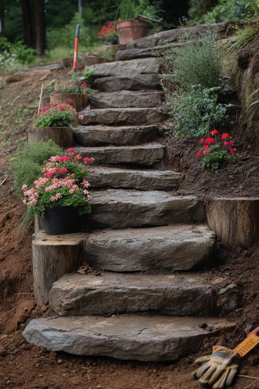 DIY Slope Garden with Stone Steps and Herbs