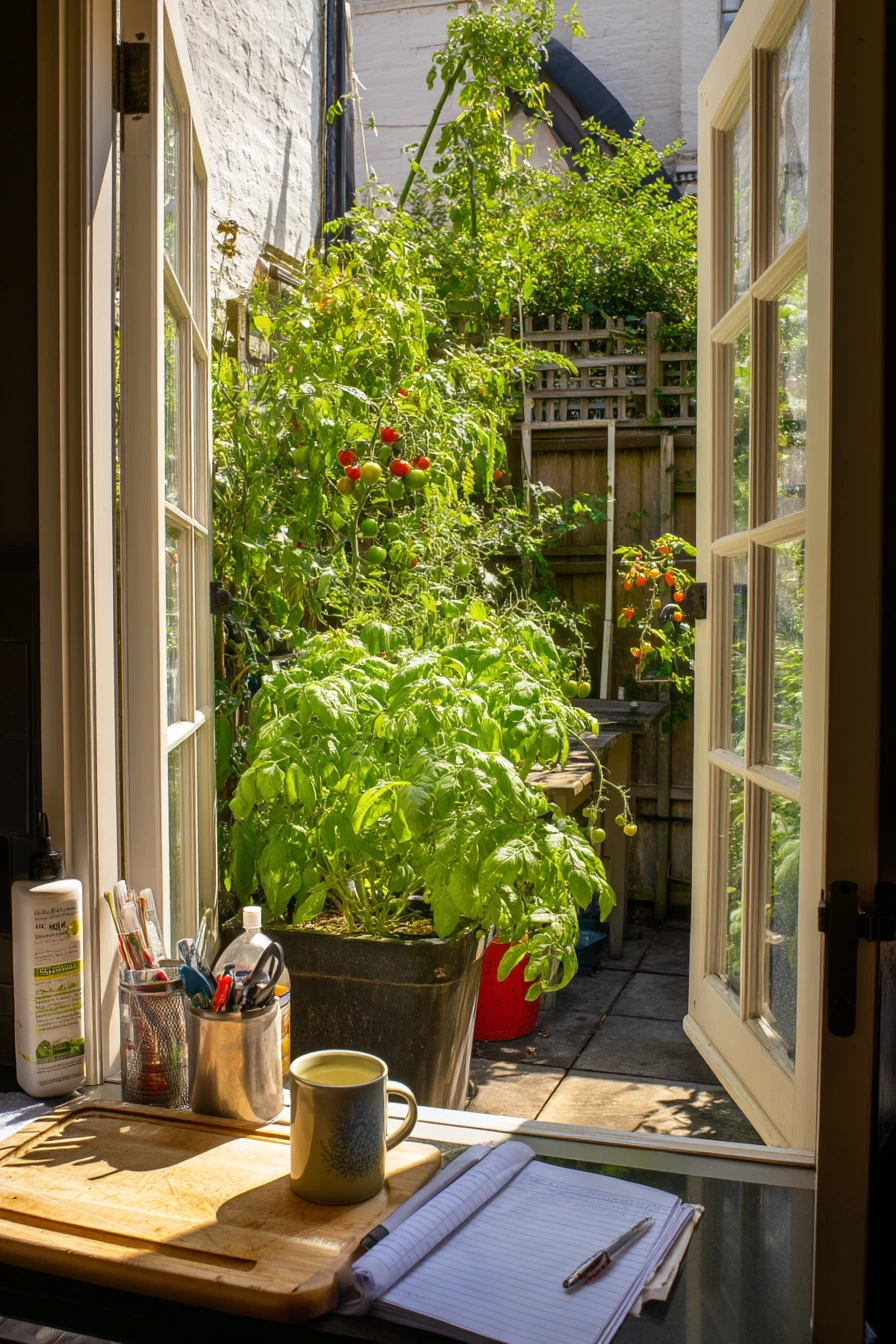Kitchen Window Trellis in a Courtyard Garden