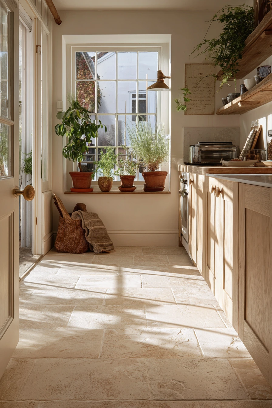 Sunlit Kitchen With Plants and Patina