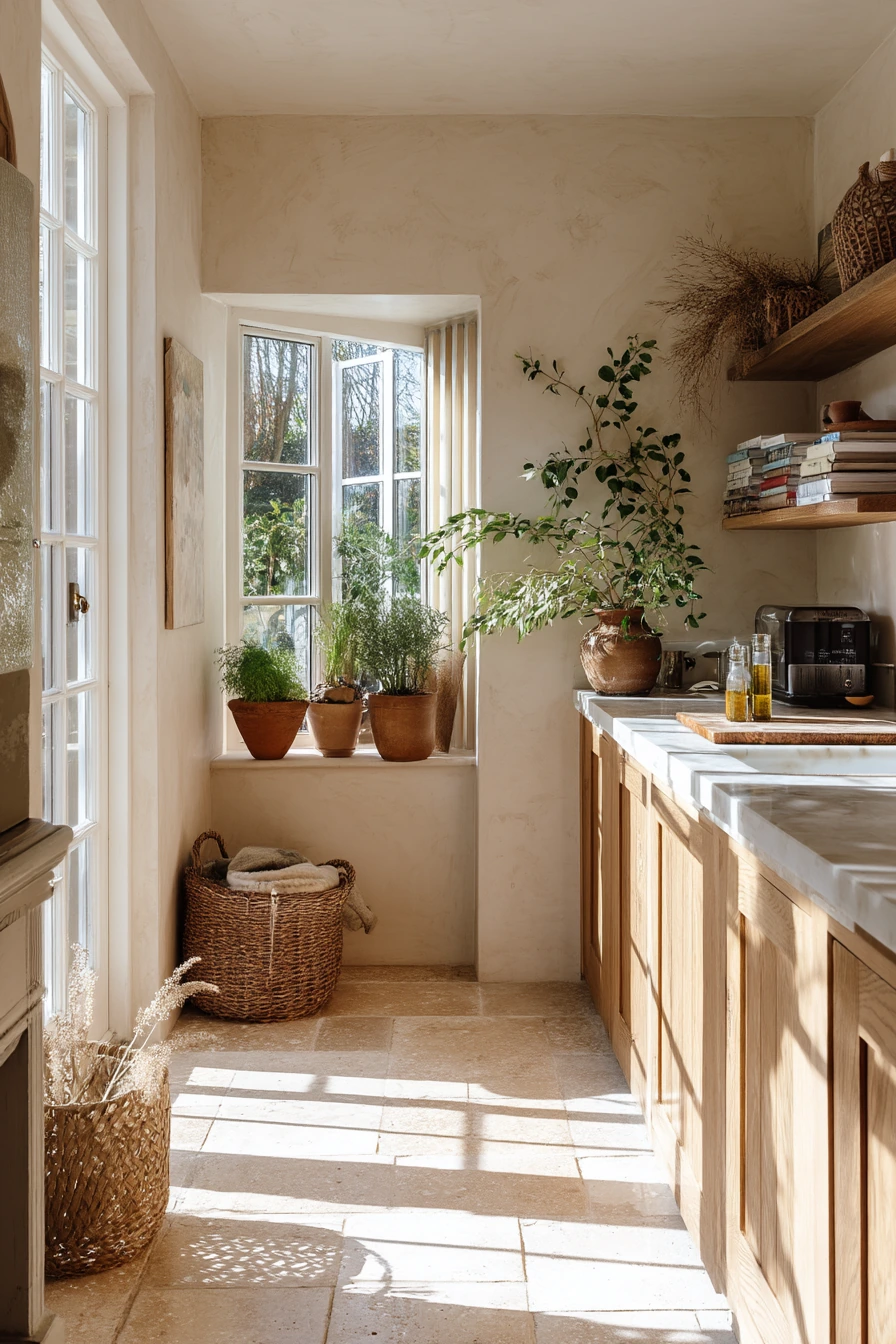 Sunlit Kitchen With Plants and Patina