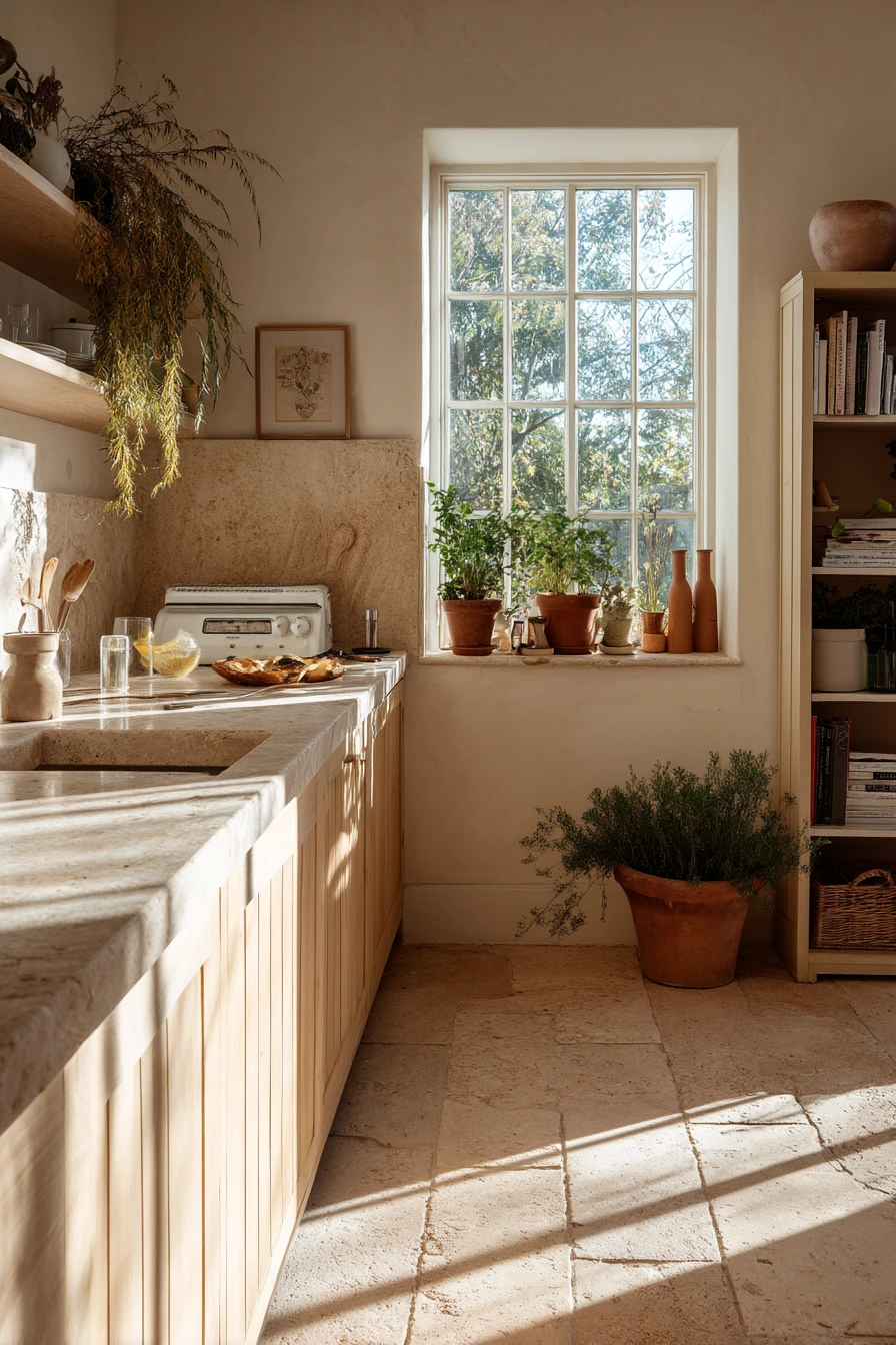 Sunlit Kitchen With Plants and Patina