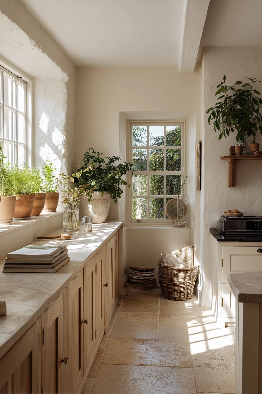 Sunlit Kitchen With Plants and Patina