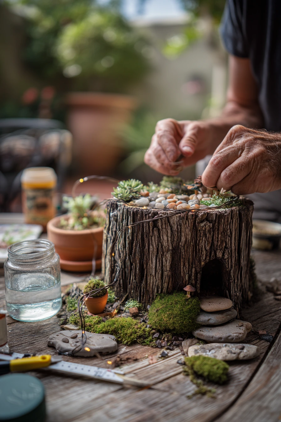 Budget DIY Tree Stump Fairy Garden on a Patio