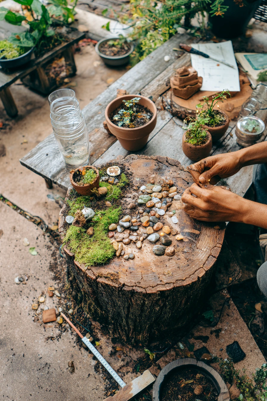Budget DIY Tree Stump Fairy Garden on a Patio