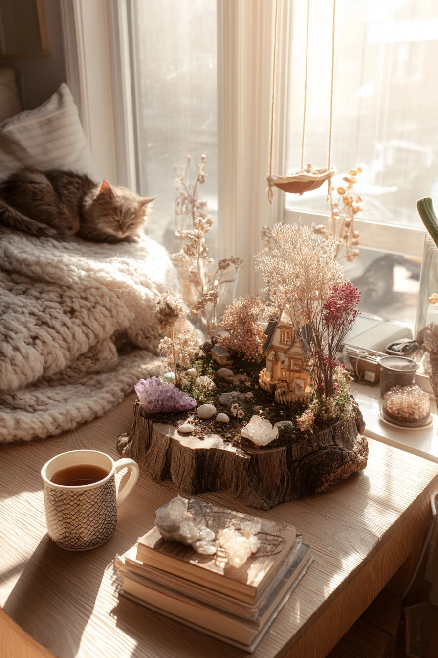 Cottagecore Window Seat Tree Stump Display
