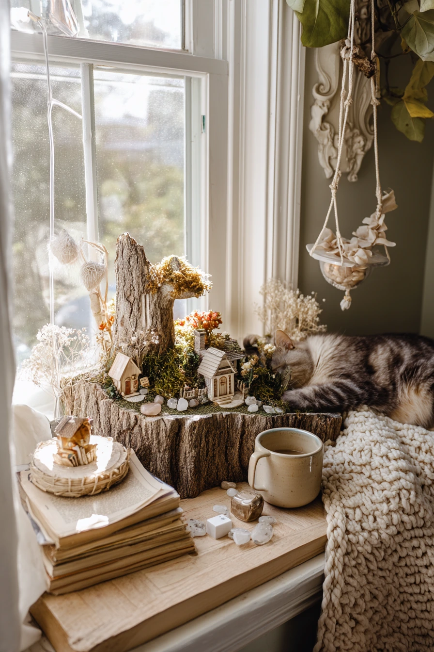 Cottagecore Window Seat Tree Stump Display