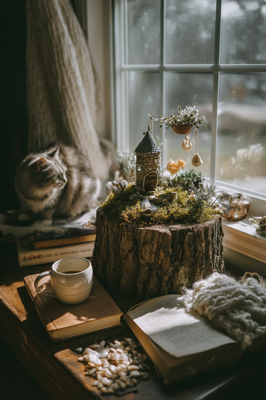 Cottagecore Window Seat Tree Stump Display