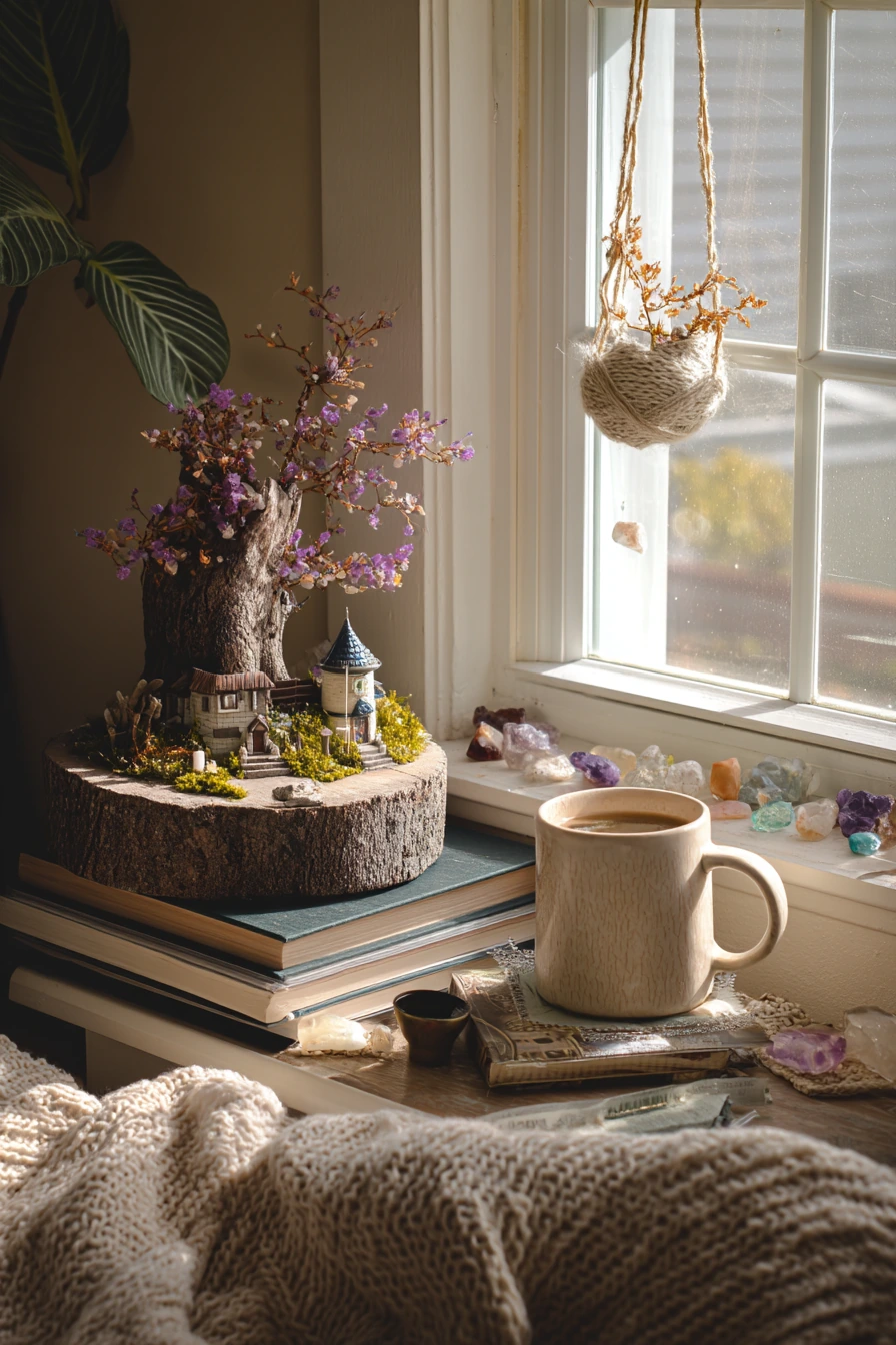 Cottagecore Window Seat Tree Stump Display