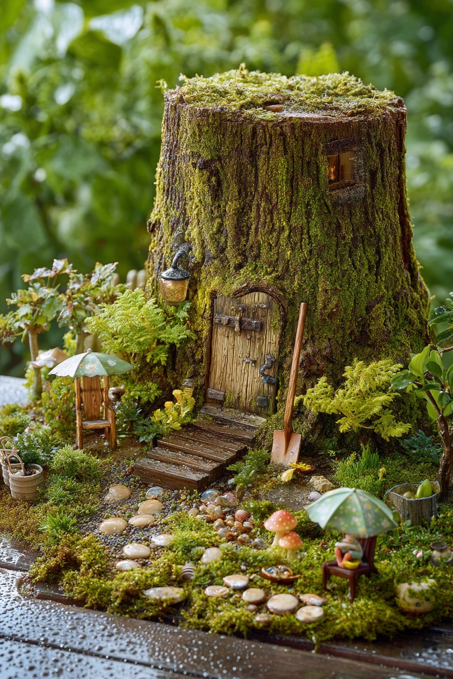 Rainy Day Tree Stump Fairy Garden Under a Maple