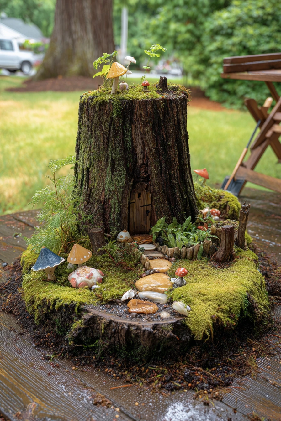 Rainy Day Tree Stump Fairy Garden Under a Maple