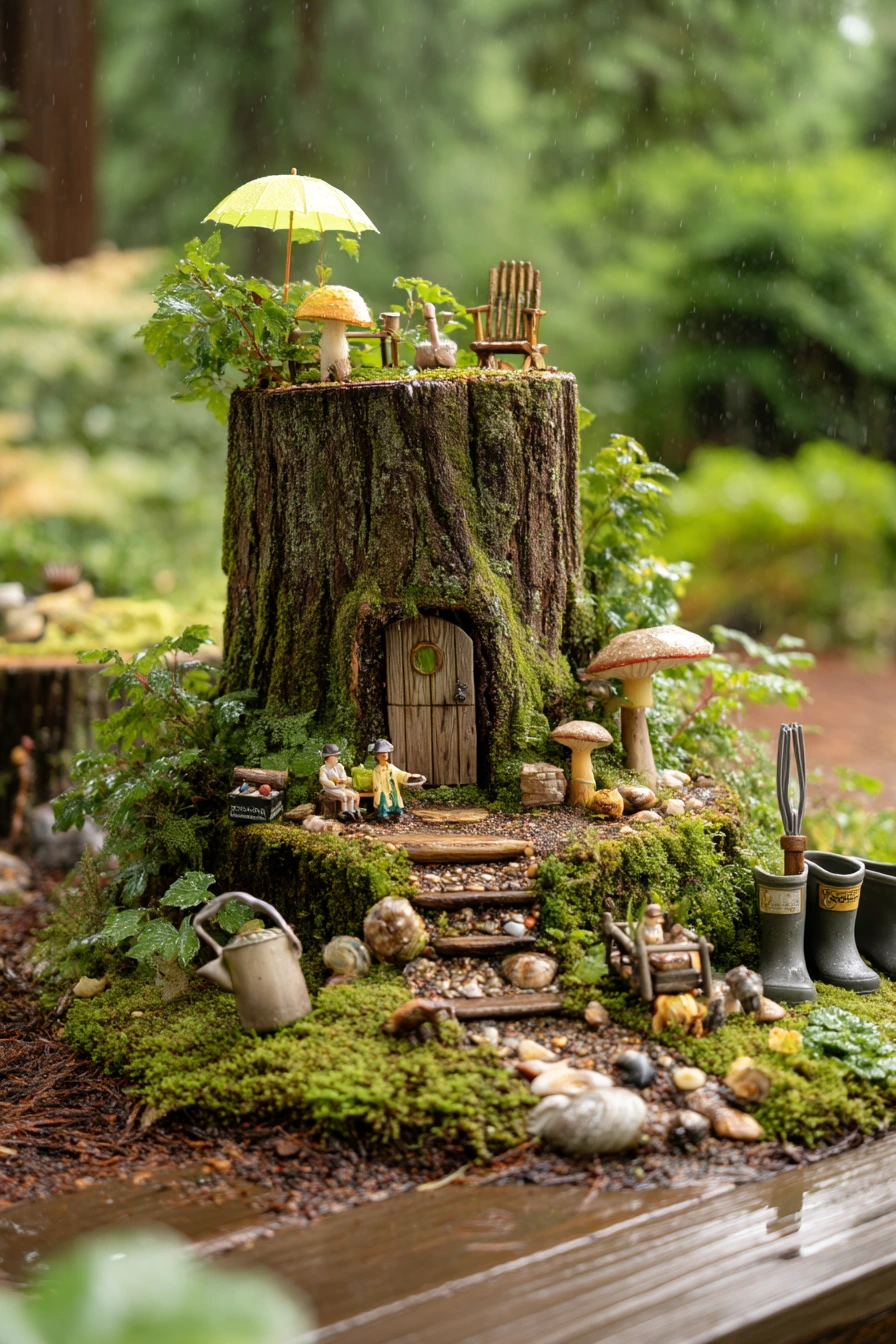 Rainy Day Tree Stump Fairy Garden Under a Maple