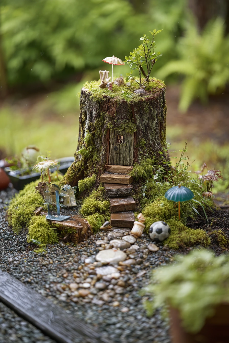 Rainy Day Tree Stump Fairy Garden Under a Maple