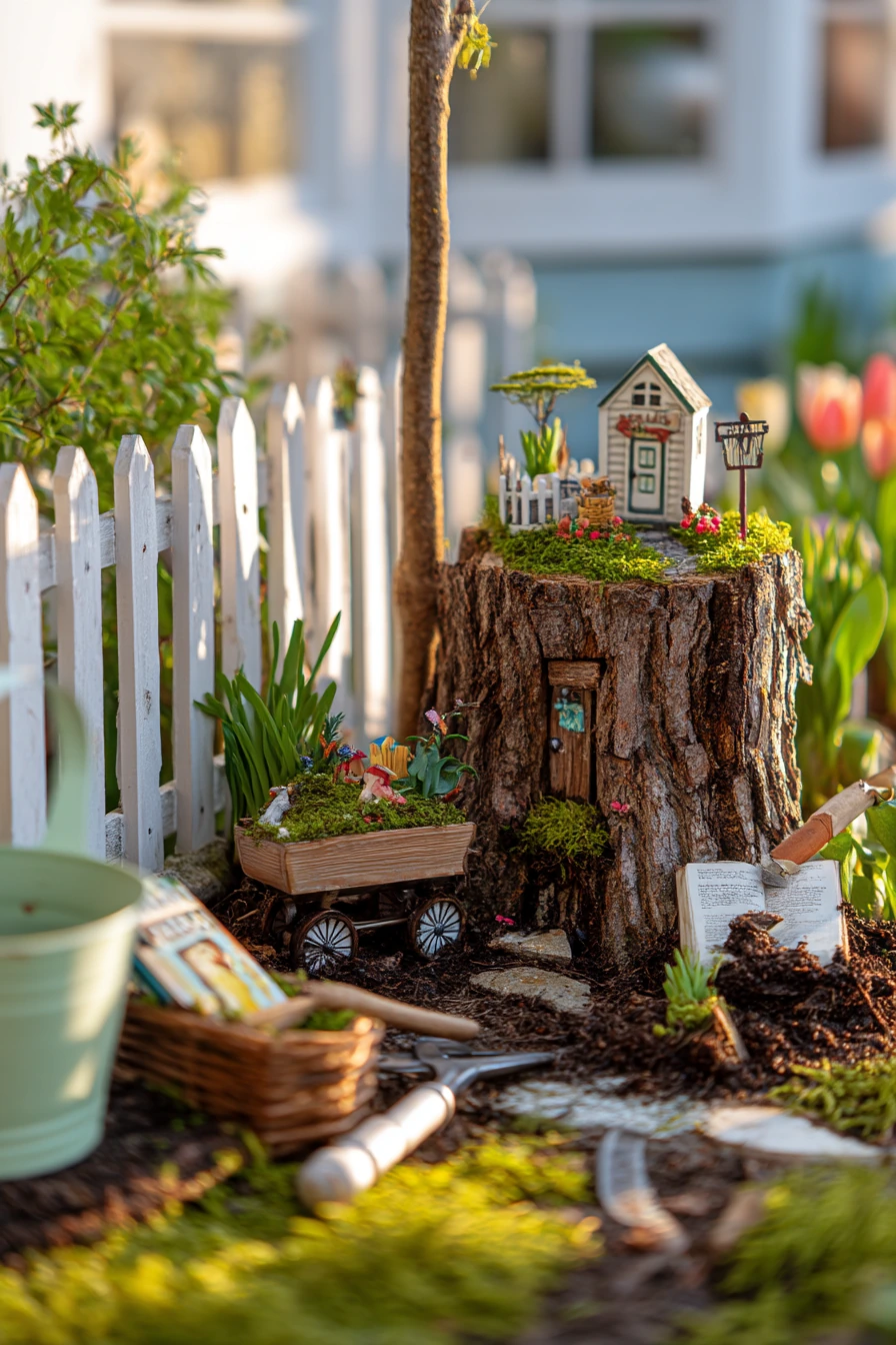 Spring Tulip Tree Stump Fairy Garden by the Fence
