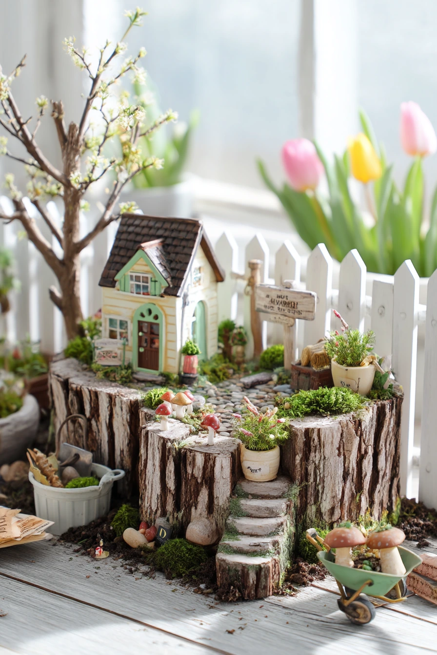 Spring Tulip Tree Stump Fairy Garden by the Fence