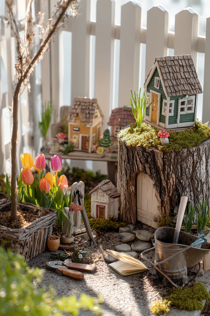 Spring Tulip Tree Stump Fairy Garden by the Fence