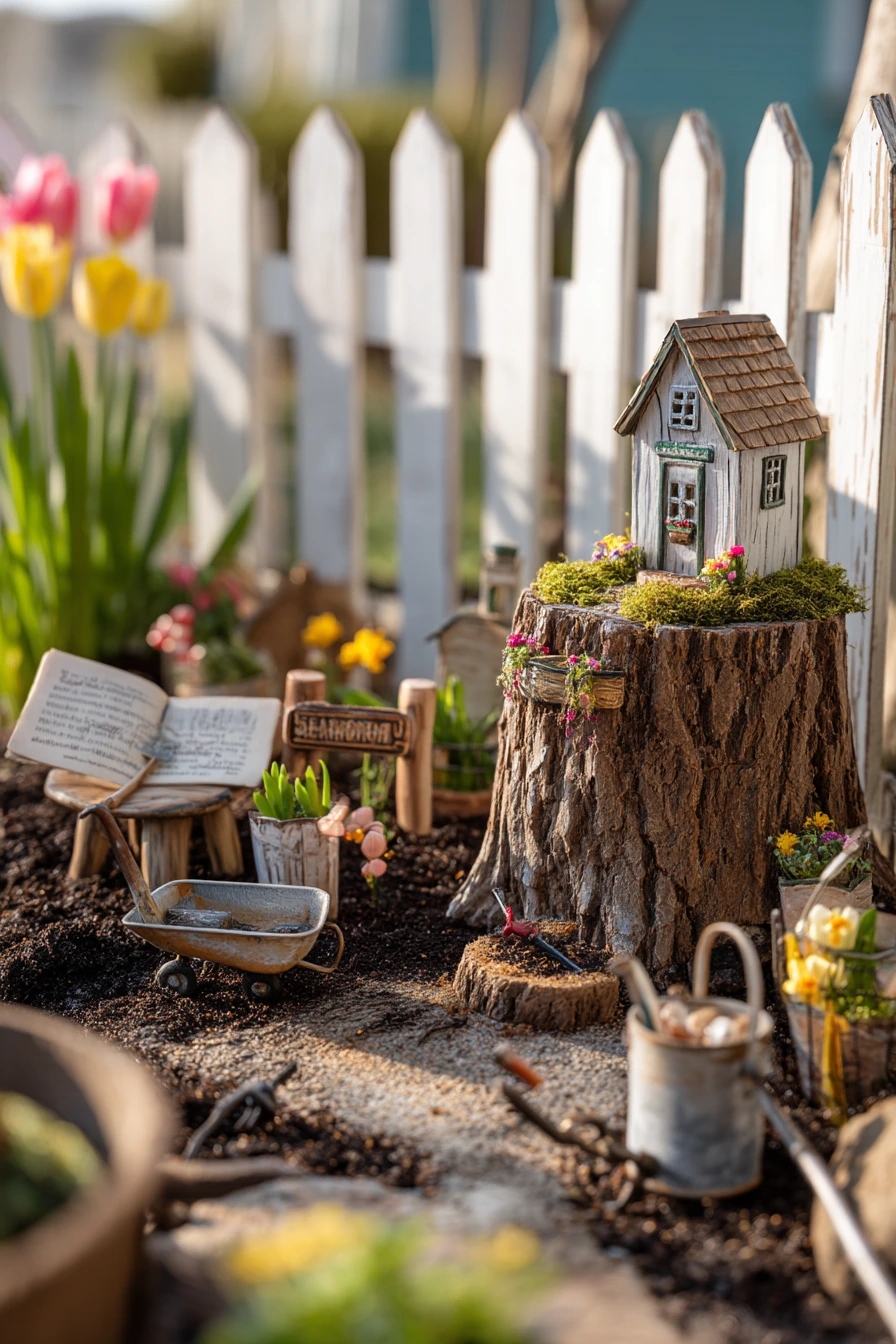 Spring Tulip Tree Stump Fairy Garden by the Fence