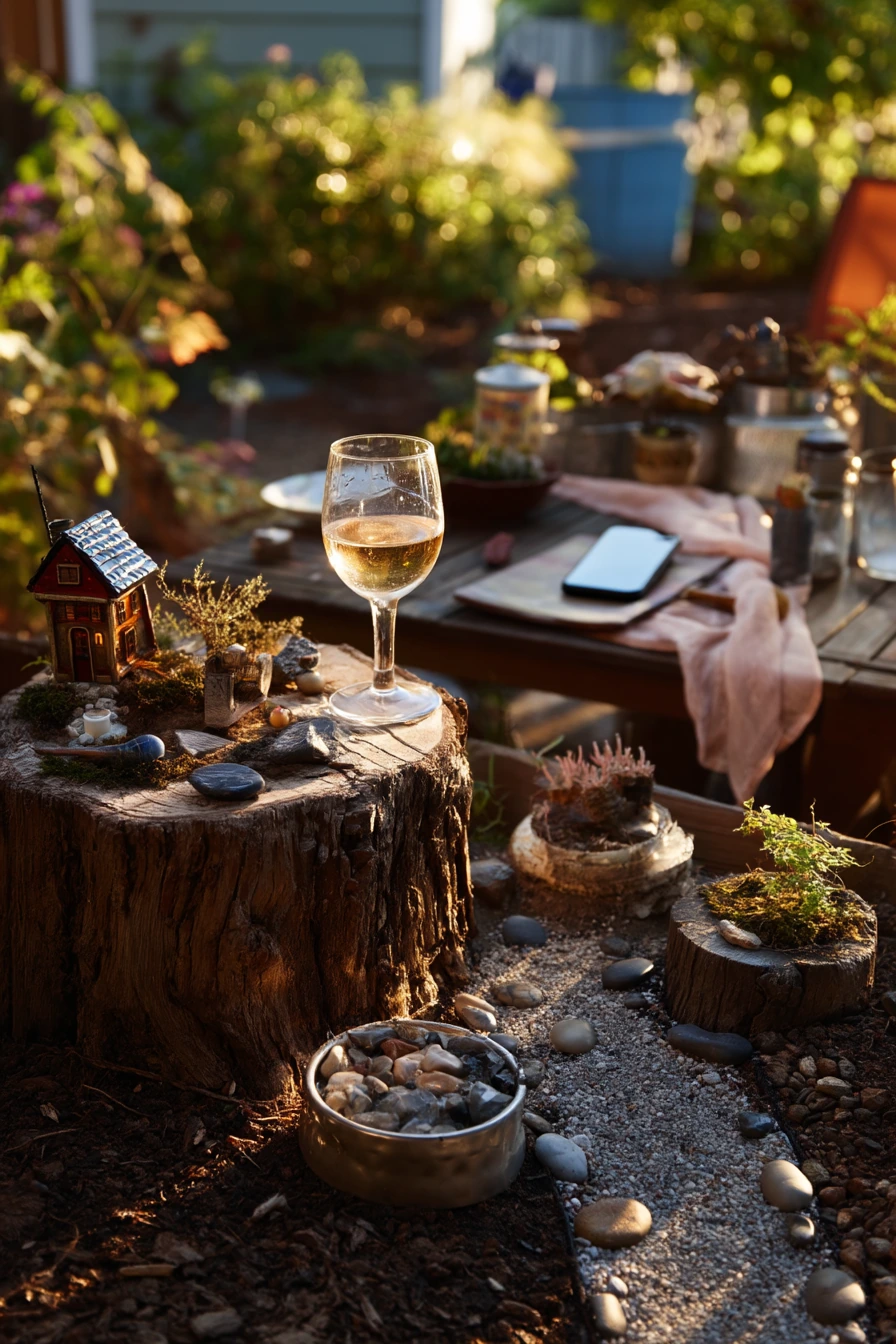 Boho Backyard Tree Stump Fairy Garden Dinner Corner