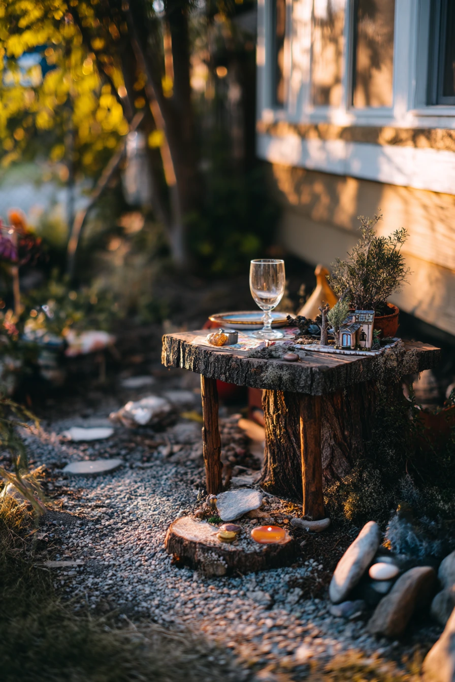 Boho Backyard Tree Stump Fairy Garden Dinner Corner