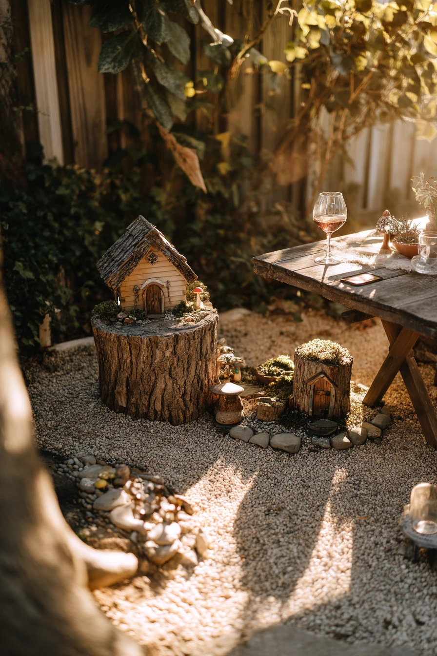 Boho Backyard Tree Stump Fairy Garden Dinner Corner