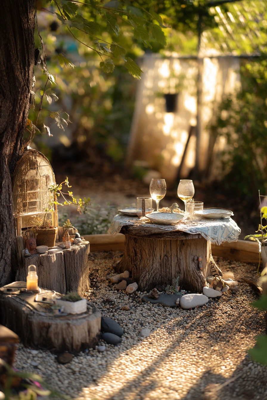 Boho Backyard Tree Stump Fairy Garden Dinner Corner