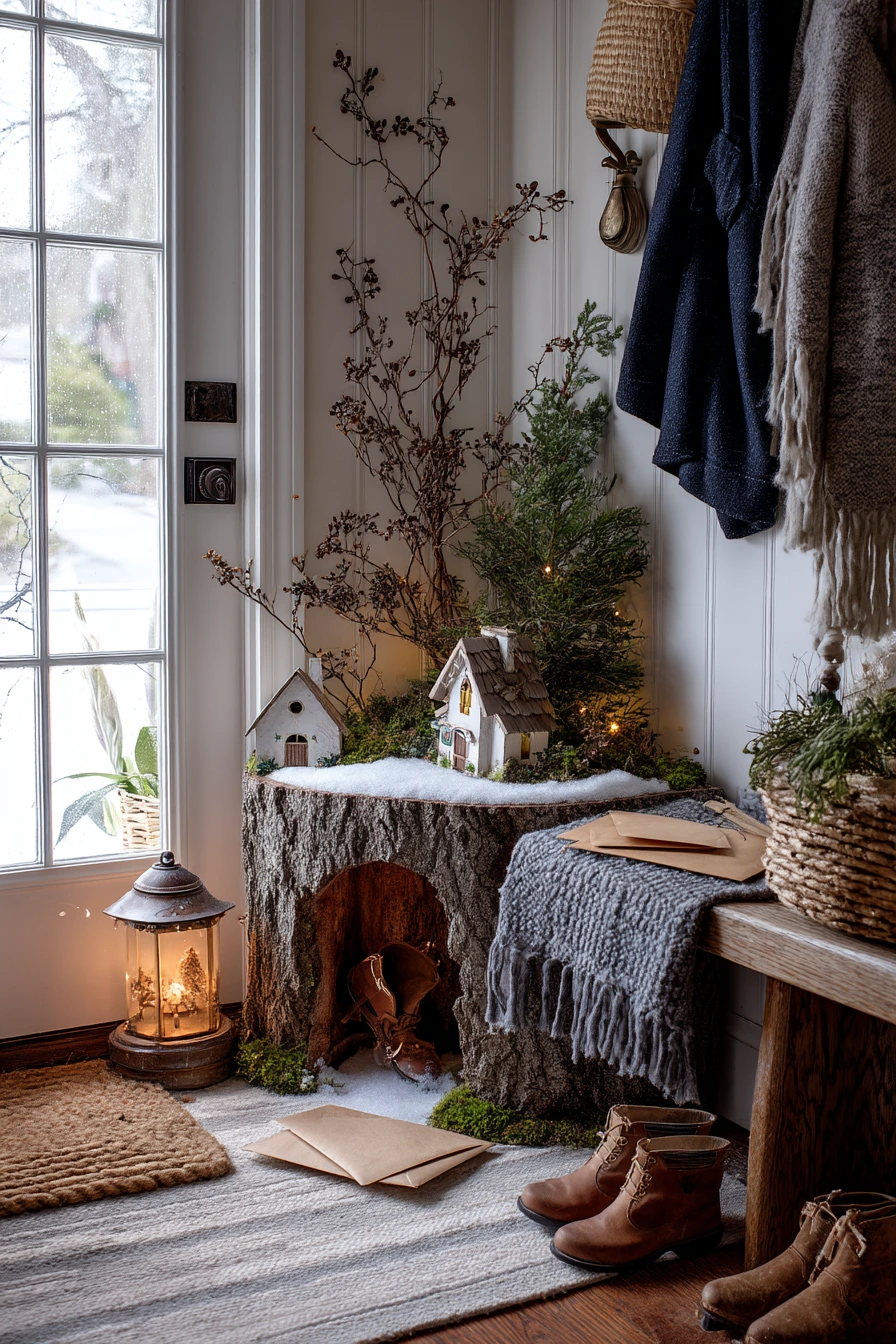 Seasonal Holiday Tree Stump Fairy Garden with Lantern Glow