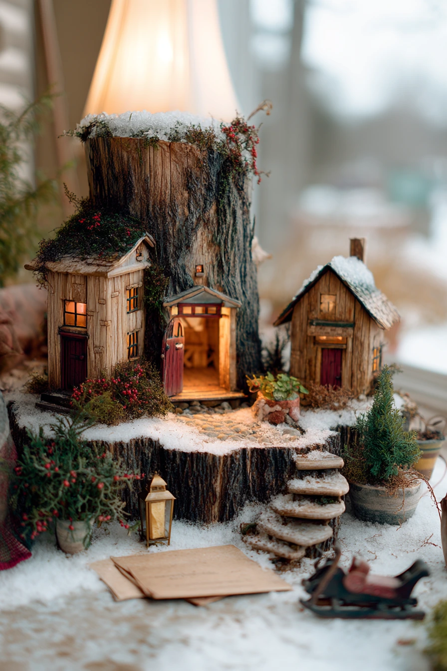 Seasonal Holiday Tree Stump Fairy Garden with Lantern Glow