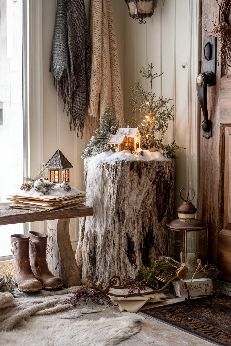 Seasonal Holiday Tree Stump Fairy Garden with Lantern Glow