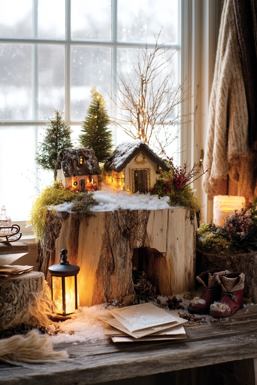Seasonal Holiday Tree Stump Fairy Garden with Lantern Glow