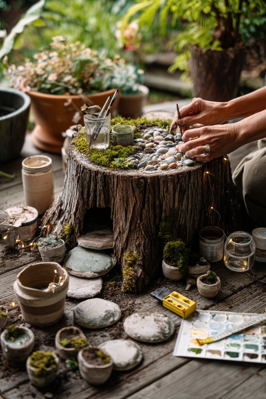 Budget DIY Tree Stump Fairy Garden on a Patio