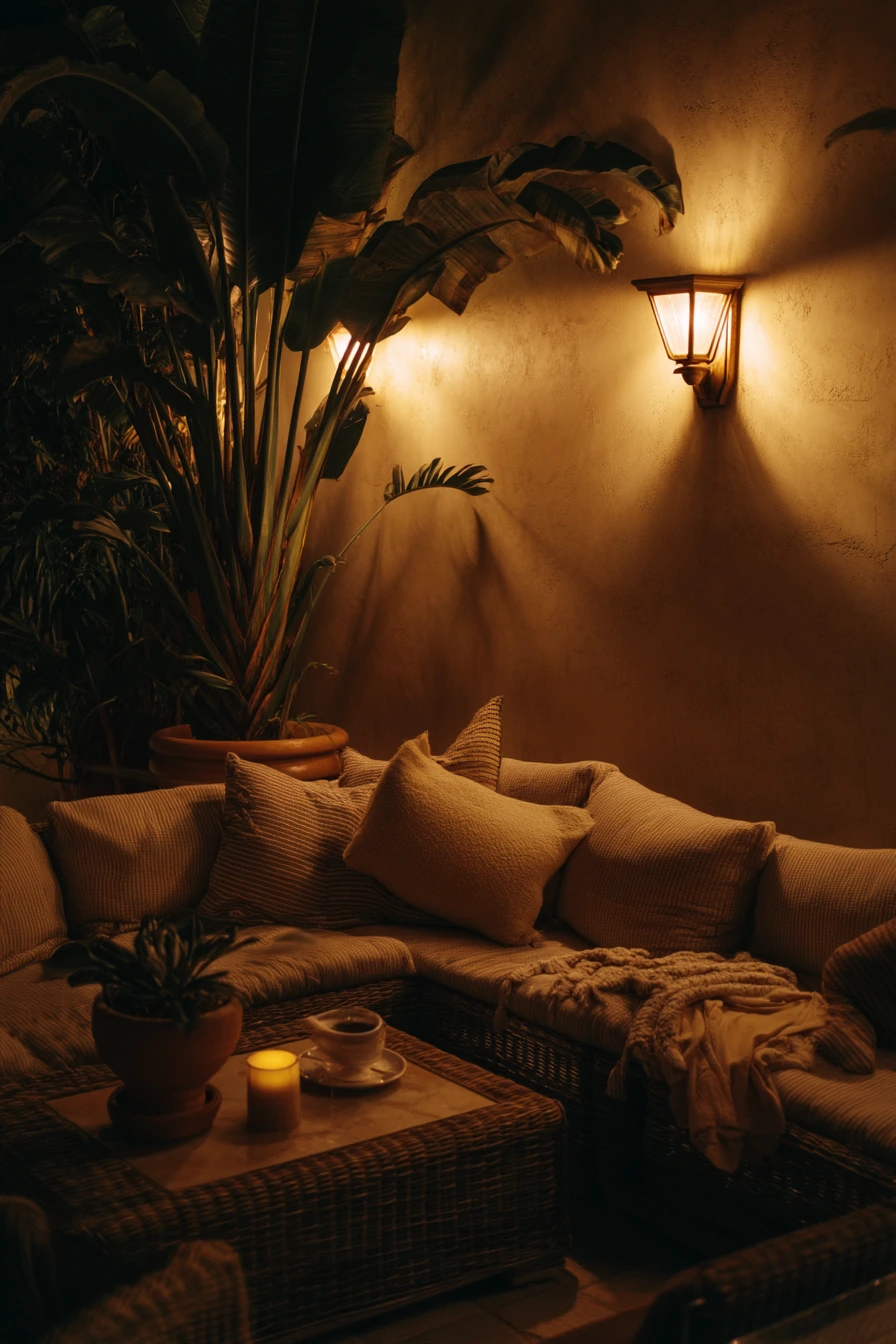 Nighttime Tropical Patio with Warm Practical Lighting