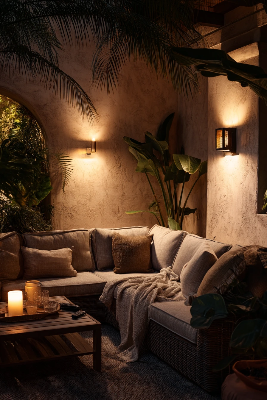 Nighttime Tropical Patio with Warm Practical Lighting