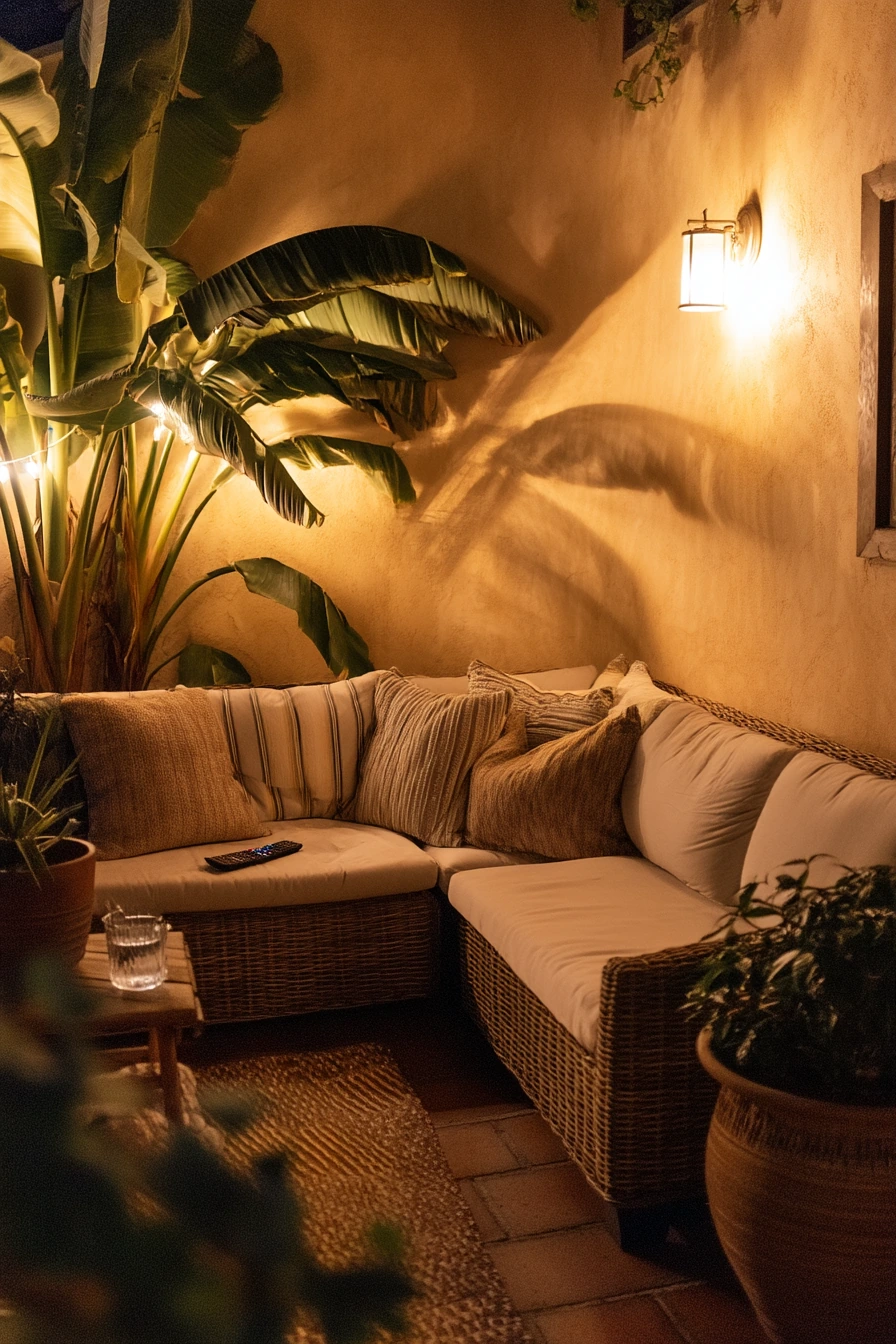 Nighttime Tropical Patio with Warm Practical Lighting